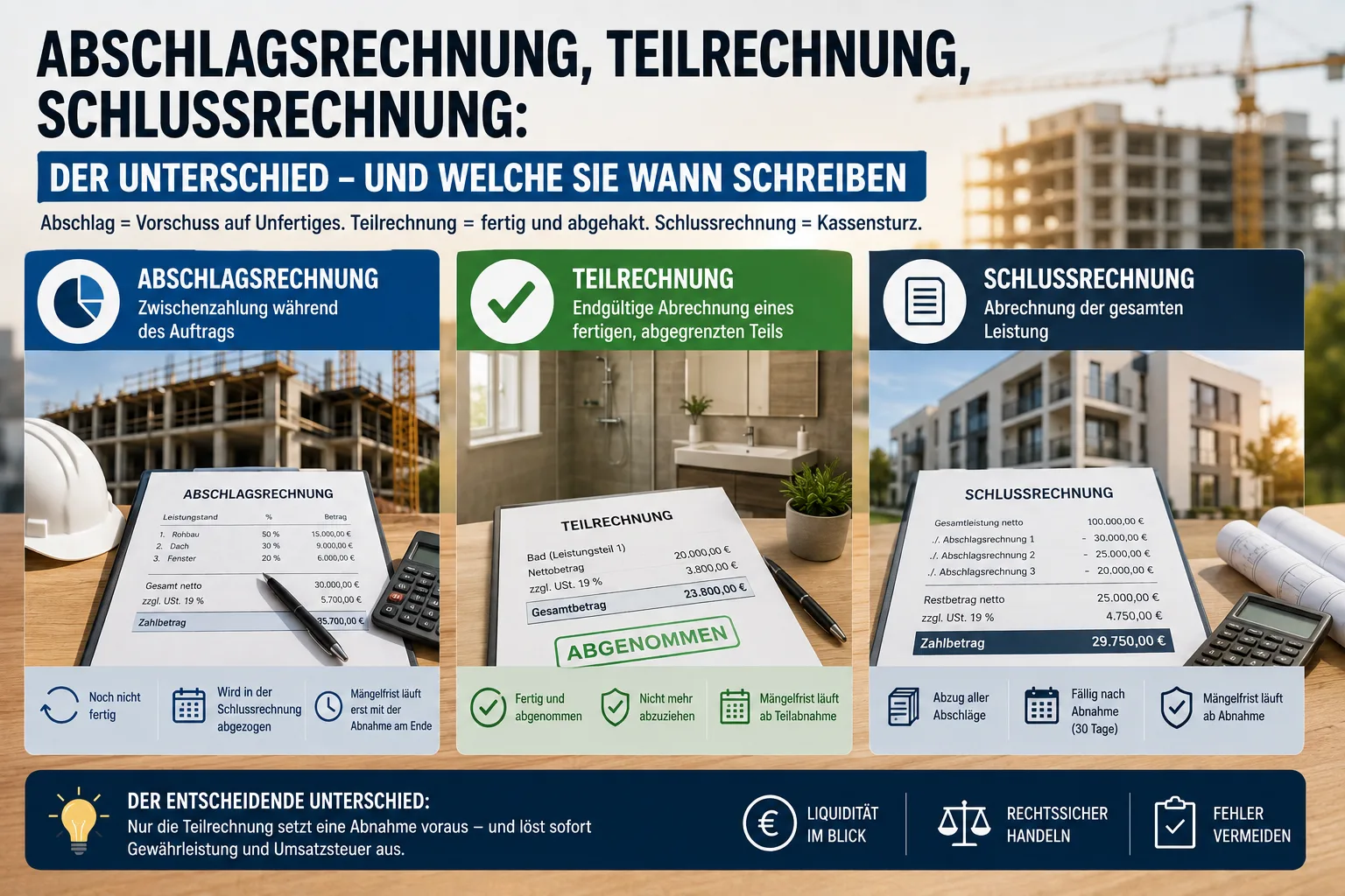 Abschlagsrechnung, Teilrechnung, Schlussrechnung: Der Unterschied – und welche Sie wann schreiben