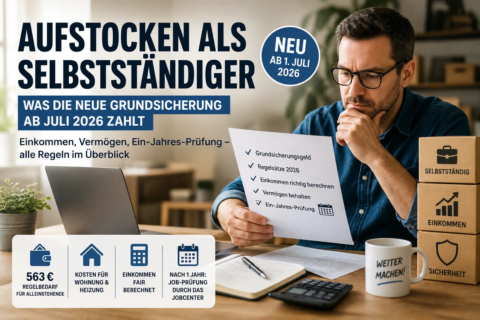 Aanvullende bijstand voor zelfstandigen: wat de nieuwe Grundsicherung vanaf juli 2026 betaalt – en waarom het Jobcenter na een jaar meebeslist over uw bedrijf