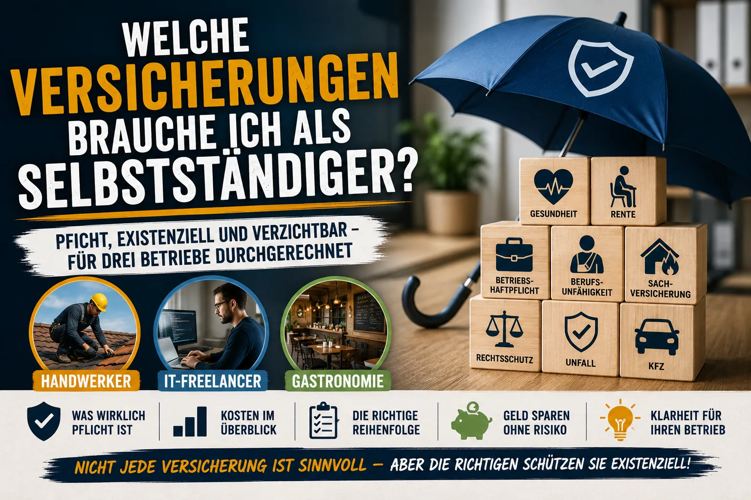 Which insurance do I need as a self-employed person in Germany? Mandatory, essential and skippable – costed out for three businesses