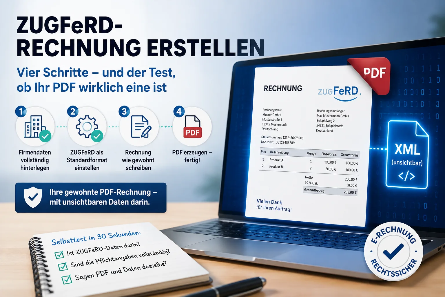 ZUGFeRD-Rechnung erstellen: Vier Schritte – und der Test, ob Ihr PDF wirklich eine ist